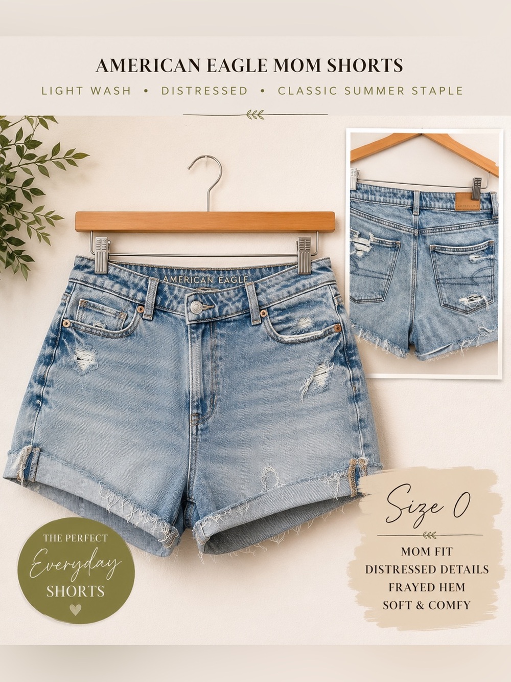 American Eagle Mom Shorts Light Wash Distressed Denim Size 0